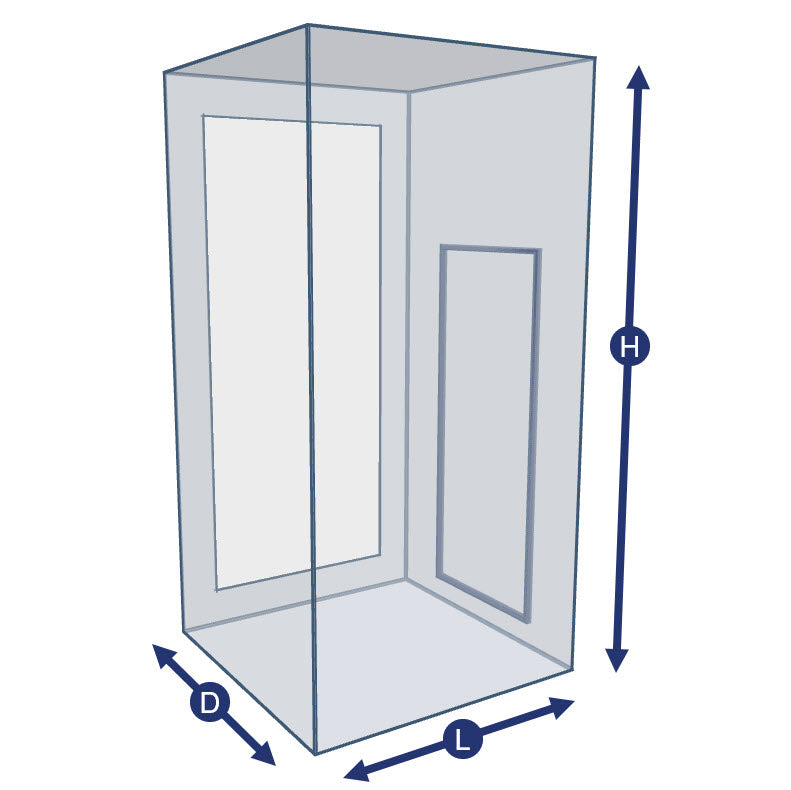 A transparent rectangular box is shown with labeled arrows—H for height, L for length, and D for depth—indicating the three-dimensional measurements of the Three Sided Catio Enclosure - With Wire Mesh Floor.