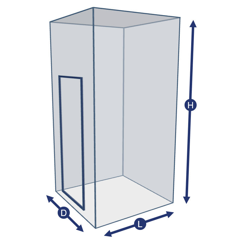 A transparent rectangular box representing the Four Sided Catio Enclosure - No Floor is shown with labeled arrows indicating height (H), length (L), and depth (D) to illustrate its modular structure. One side is marked with a vertical rectangular outline, resembling a door or window, emphasizing the accessible design of this outdoor cat enclosure.