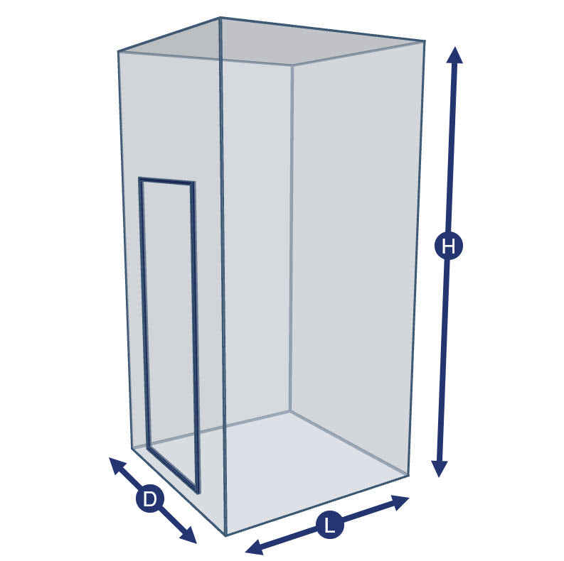 A transparent rectangular box, inspired by the Four Sided Catio Enclosure - With Wire Mesh Floor, is labeled with arrows for depth (D), length (L), and height (H). Echoing the modular design of cat enclosures, it features a rectangular opening on one side to highlight its accessibility and versatility.