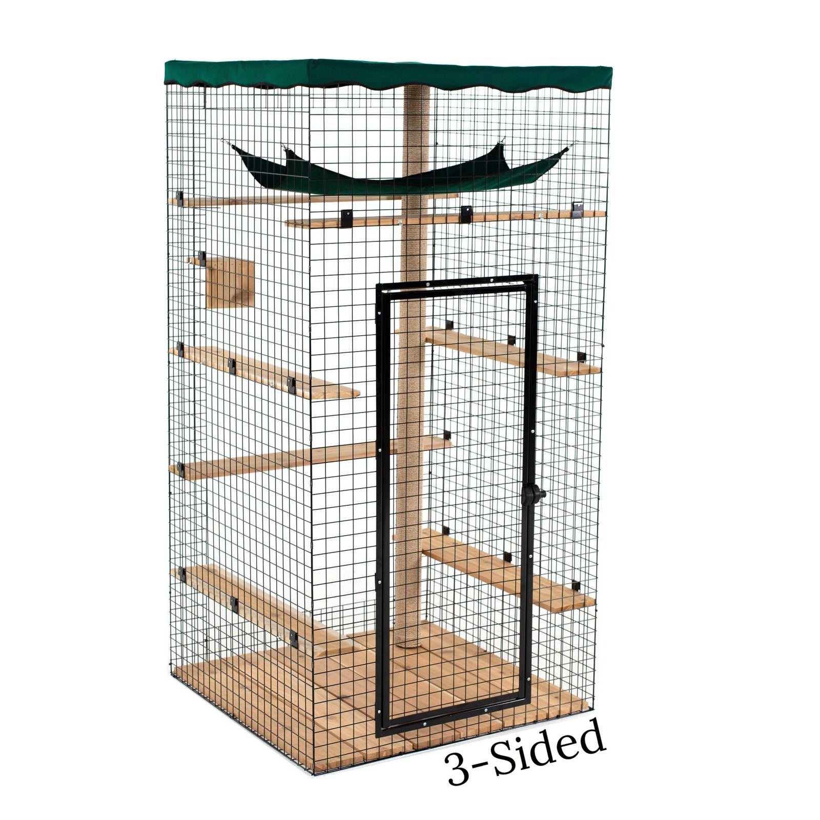 Introducing the A Room With A View Catio Series: a 3-sided outdoor cat enclosure featuring a green roof, sturdy wire walls, wood shelves at various heights, a sleek black-framed door, and a signature “3-Sided” sign. This versatile catio offers your feline companion the perfect retreat to safely lounge and enjoy the outdoors.