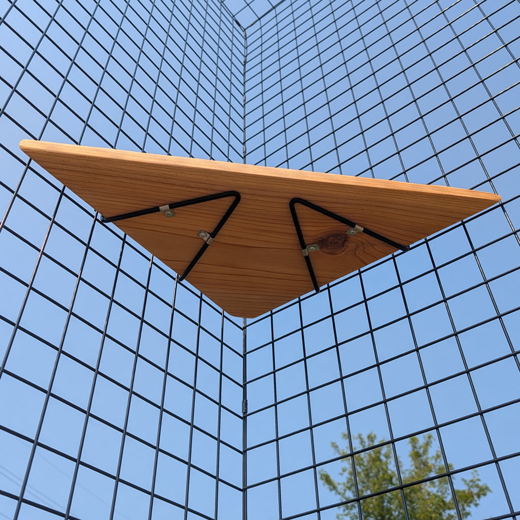 The Catio Corner Shelf, featuring a triangular wooden design and black metal brackets, is installed in the corner of a wire grid structure with a blue sky and tree branches visible in the background.