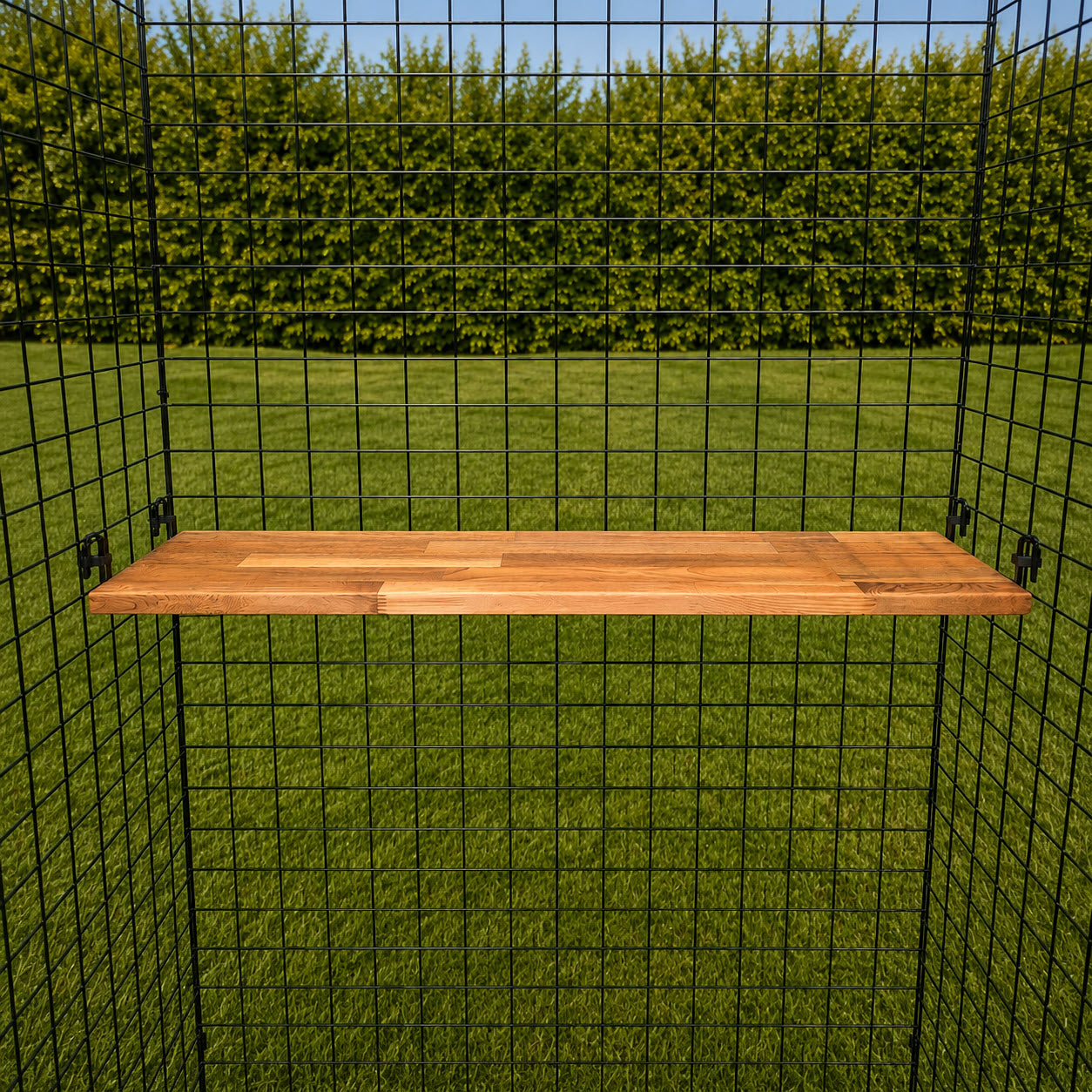 Catio Shelves are mounted on a black wire grid frame outdoors, set against green grass and tall hedges beneath a clear blue sky.