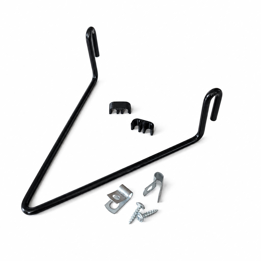 A Shelf Bracket with Hardware (no wood)—including a black metal V-shaped bracket with hooks, two small black plastic clips, two metal mounting brackets, and two screws—is neatly arranged on a white background.